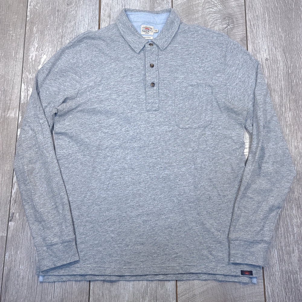 Faherty Polo Shirt Mens Medium Gray Organic Cotton Long Sleeve Pocket Heathered